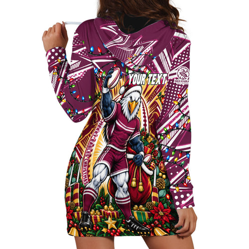 Personalized Manly Warringah Sea Eagles Rugby Christmas Hoodie Dress Holiday Mascot Graphic Art Festive Lights Bow