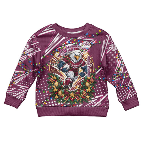 Personalized Manly Warringah Sea Eagles Rugby Christmas Kid Ugly Christmas Sweater Holiday Mascot Graphic Art Festive Lights Bow