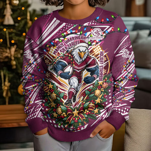 Personalized Manly Warringah Sea Eagles Rugby Christmas Kid Ugly Christmas Sweater Holiday Mascot Graphic Art Festive Lights Bow