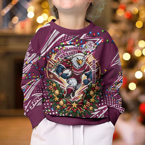 Personalized Manly Warringah Sea Eagles Rugby Christmas Kid Ugly Christmas Sweater Holiday Mascot Graphic Art Festive Lights Bow