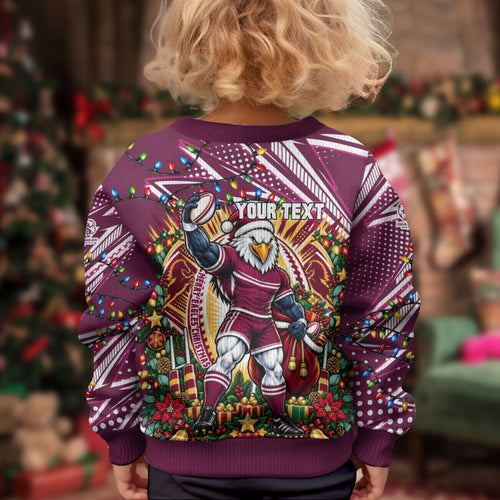Personalized Manly Warringah Sea Eagles Rugby Christmas Kid Ugly Christmas Sweater Holiday Mascot Graphic Art Festive Lights Bow