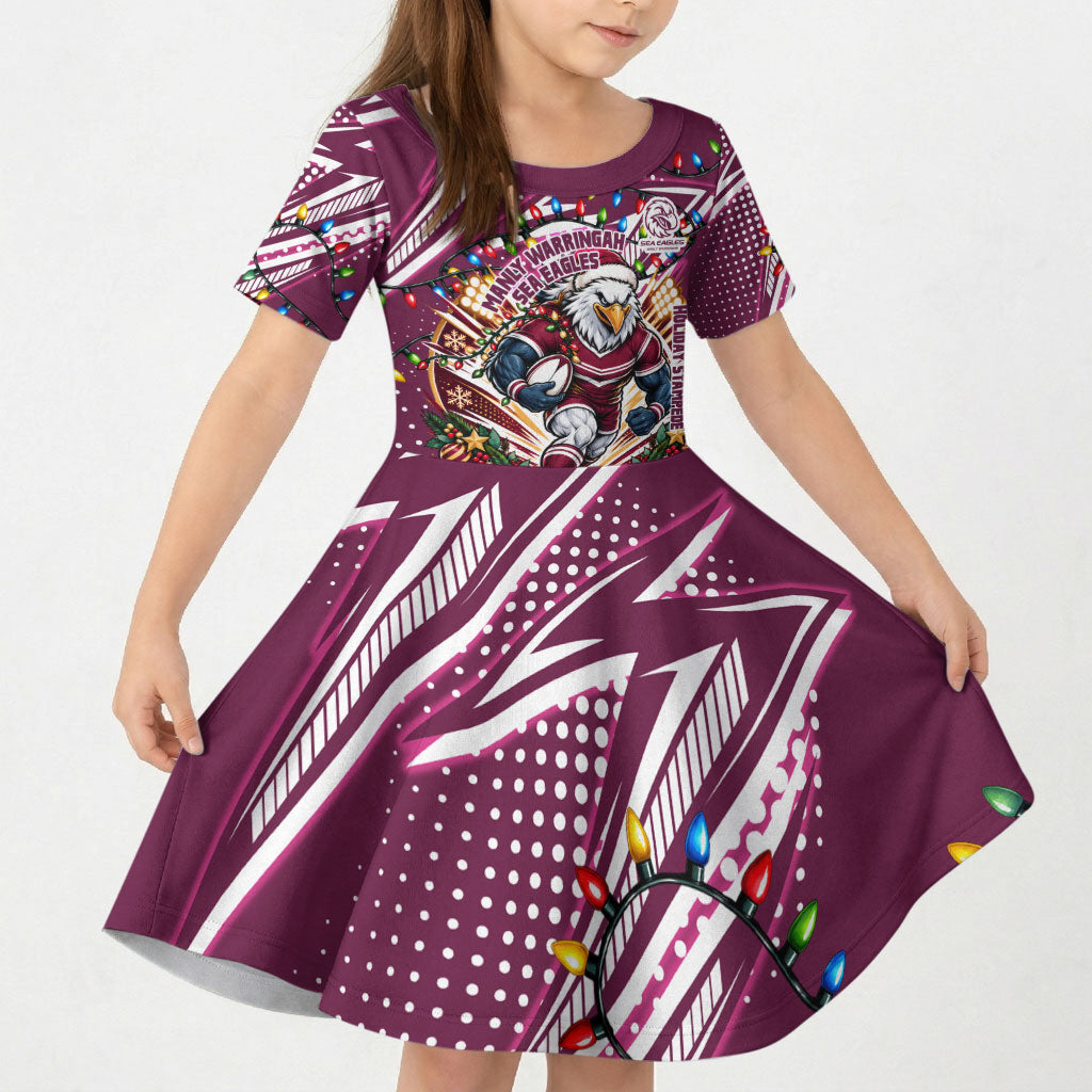 Personalized Manly Warringah Sea Eagles Rugby Christmas Kid Short Sleeve Dress Holiday Mascot Graphic Art Festive Lights Bow