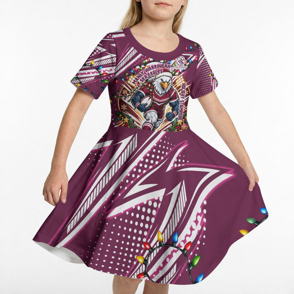 Personalized Manly Warringah Sea Eagles Rugby Christmas Kid Short Sleeve Dress Holiday Mascot Graphic Art Festive Lights Bow