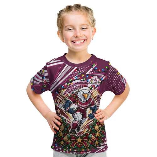 Personalized Manly Warringah Sea Eagles Rugby Christmas Kid T Shirt Holiday Mascot Graphic Art Festive Lights Bow