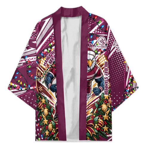 Personalized Manly Warringah Sea Eagles Rugby Christmas Kimono Holiday Mascot Graphic Art Festive Lights Bow