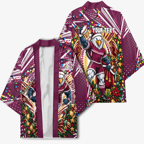 Personalized Manly Warringah Sea Eagles Rugby Christmas Kimono Holiday Mascot Graphic Art Festive Lights Bow
