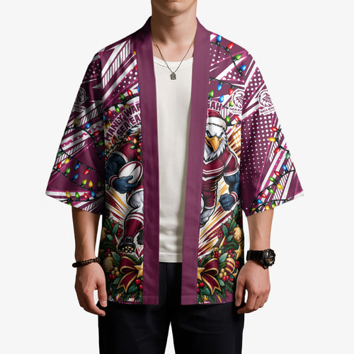 Personalized Manly Warringah Sea Eagles Rugby Christmas Kimono Holiday Mascot Graphic Art Festive Lights Bow