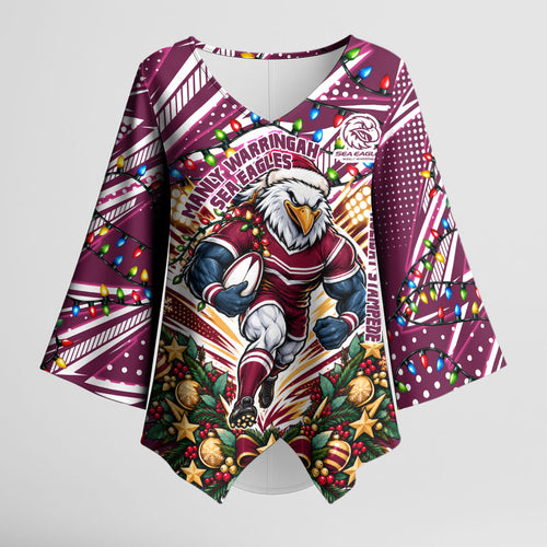 Personalized Manly Warringah Sea Eagles Rugby Christmas Kimono Sleeve Blouse Holiday Mascot Graphic Art Festive Lights Bow