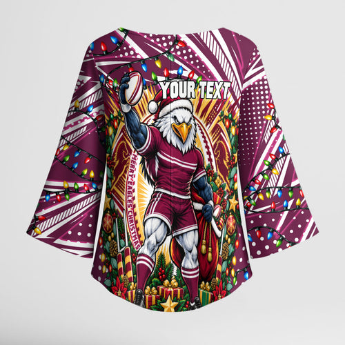 Personalized Manly Warringah Sea Eagles Rugby Christmas Kimono Sleeve Blouse Holiday Mascot Graphic Art Festive Lights Bow