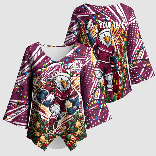 Personalized Manly Warringah Sea Eagles Rugby Christmas Kimono Sleeve Blouse Holiday Mascot Graphic Art Festive Lights Bow