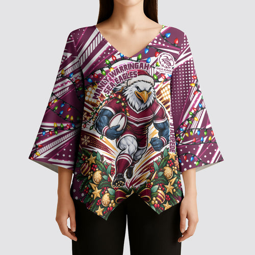 Personalized Manly Warringah Sea Eagles Rugby Christmas Kimono Sleeve Blouse Holiday Mascot Graphic Art Festive Lights Bow