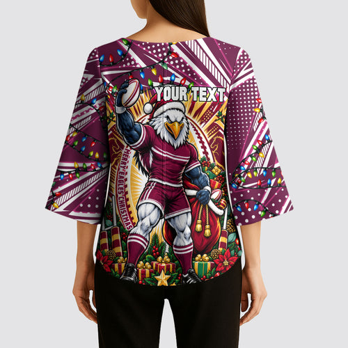 Personalized Manly Warringah Sea Eagles Rugby Christmas Kimono Sleeve Blouse Holiday Mascot Graphic Art Festive Lights Bow