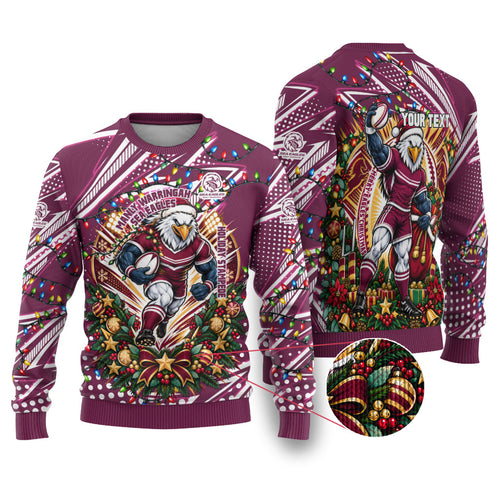 Personalized Manly Warringah Sea Eagles Rugby Christmas Ugly Christmas Sweater Holiday Mascot Graphic Art Festive Lights Bow