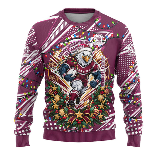 Personalized Manly Warringah Sea Eagles Rugby Christmas Ugly Christmas Sweater Holiday Mascot Graphic Art Festive Lights Bow