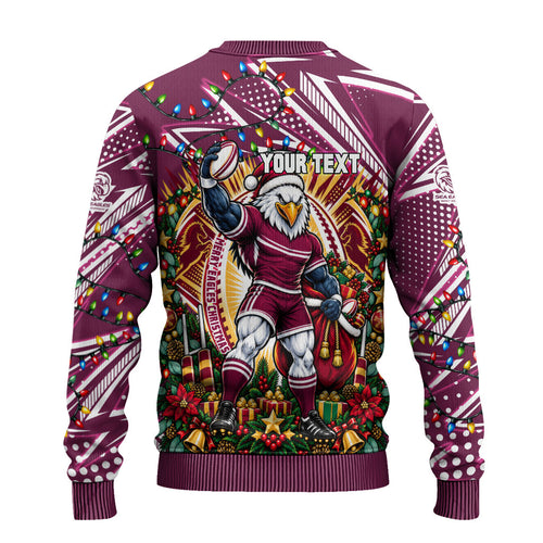 Personalized Manly Warringah Sea Eagles Rugby Christmas Ugly Christmas Sweater Holiday Mascot Graphic Art Festive Lights Bow