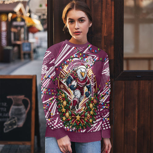 Personalized Manly Warringah Sea Eagles Rugby Christmas Ugly Christmas Sweater Holiday Mascot Graphic Art Festive Lights Bow