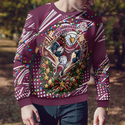 Personalized Manly Warringah Sea Eagles Rugby Christmas Ugly Christmas Sweater Holiday Mascot Graphic Art Festive Lights Bow