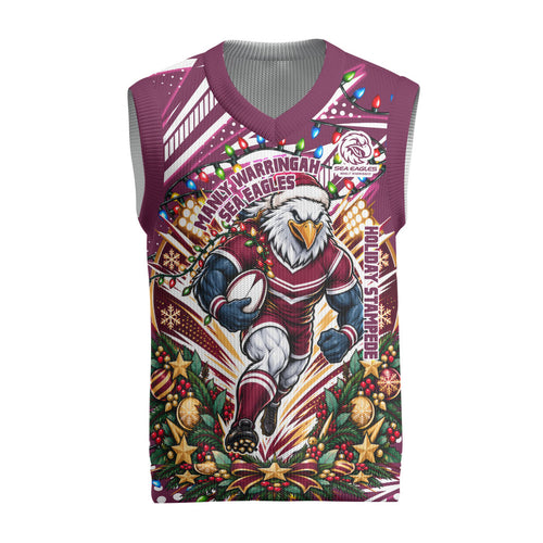 Personalized Manly Warringah Sea Eagles Rugby Christmas Knitted V-Neck Vest Holiday Mascot Graphic Art Festive Lights Bow