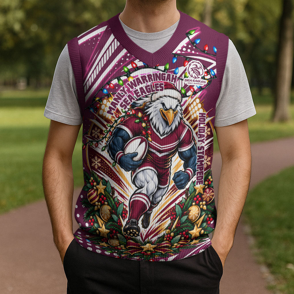 Personalized Manly Warringah Sea Eagles Rugby Christmas Knitted V-Neck Vest Holiday Mascot Graphic Art Festive Lights Bow