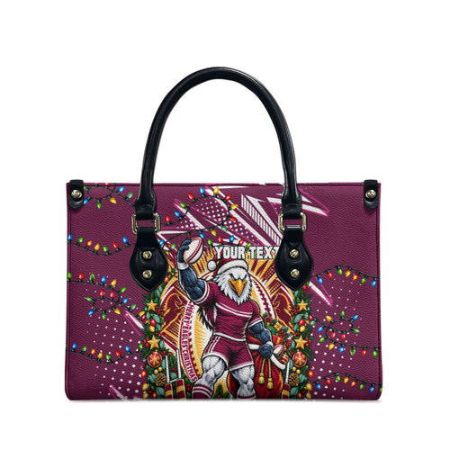Personalized Manly Warringah Sea Eagles Rugby Christmas Leather Bag Holiday Mascot Graphic Art Festive Lights Bow