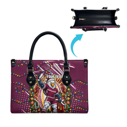 Personalized Manly Warringah Sea Eagles Rugby Christmas Leather Bag Holiday Mascot Graphic Art Festive Lights Bow