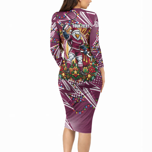 Personalized Manly Warringah Sea Eagles Rugby Christmas Long Sleeve Bodycon Dress Holiday Mascot Graphic Art Festive Lights Bow