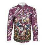 Personalized Manly Warringah Sea Eagles Rugby Christmas Long Sleeve Button Shirt Holiday Mascot Graphic Art Festive Lights Bow