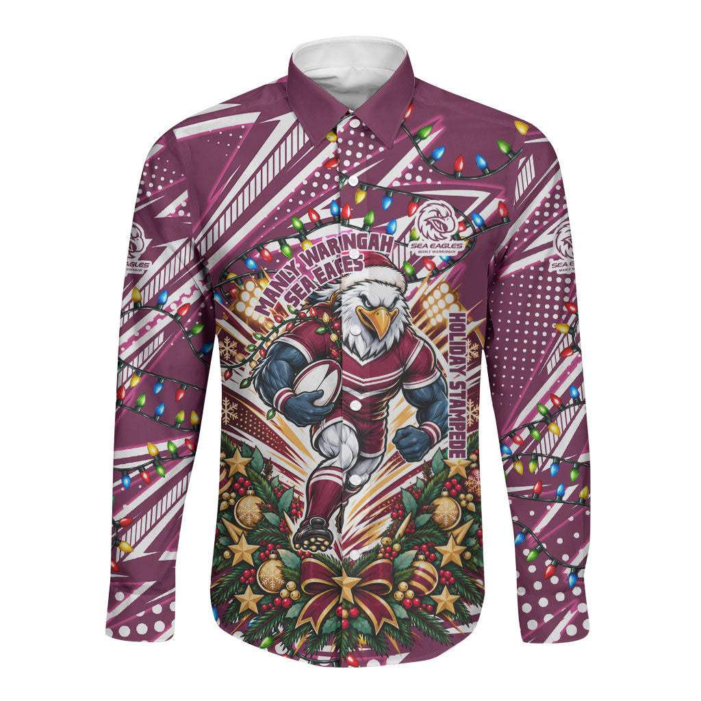 Personalized Manly Warringah Sea Eagles Rugby Christmas Long Sleeve Button Shirt Holiday Mascot Graphic Art Festive Lights Bow