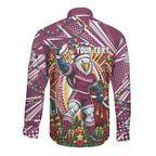 Personalized Manly Warringah Sea Eagles Rugby Christmas Long Sleeve Button Shirt Holiday Mascot Graphic Art Festive Lights Bow