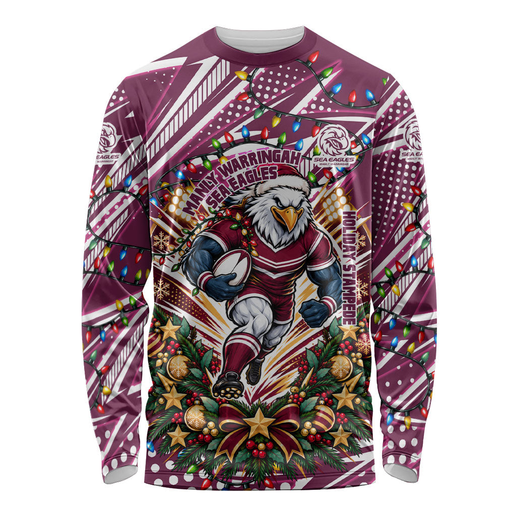 Personalized Manly Warringah Sea Eagles Rugby Christmas Long Sleeve Shirt Holiday Mascot Graphic Art Festive Lights Bow