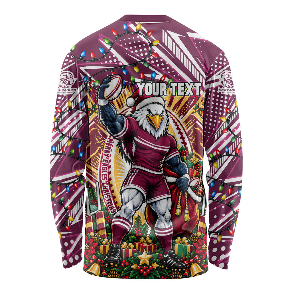 Personalized Manly Warringah Sea Eagles Rugby Christmas Long Sleeve Shirt Holiday Mascot Graphic Art Festive Lights Bow