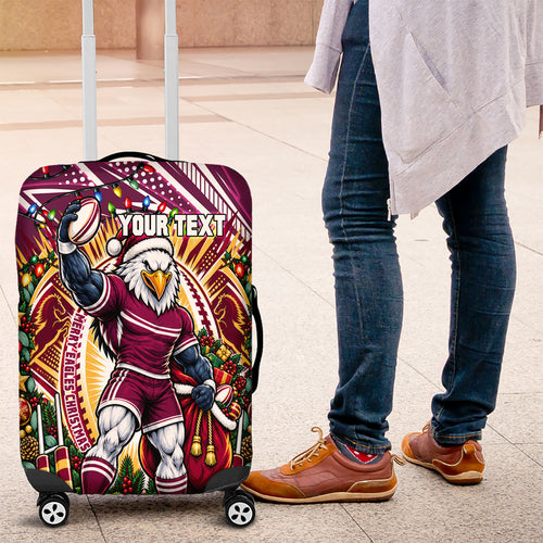 Personalized Manly Warringah Sea Eagles Rugby Christmas Luggage Cover Holiday Mascot Graphic Art Festive Lights Bow