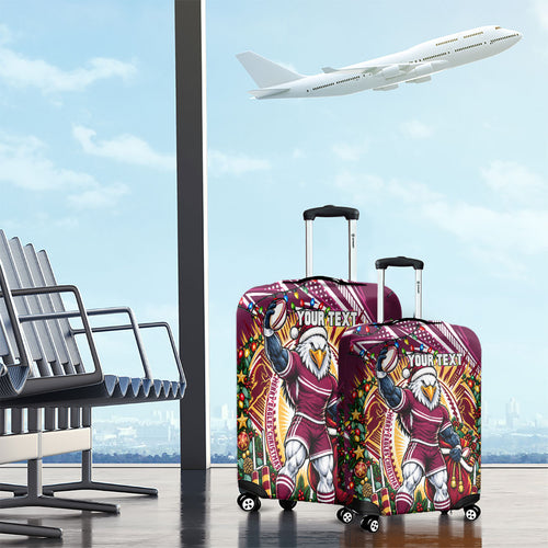 Personalized Manly Warringah Sea Eagles Rugby Christmas Luggage Cover Holiday Mascot Graphic Art Festive Lights Bow