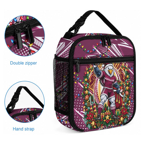 Personalized Manly Warringah Sea Eagles Rugby Christmas Lunch Bag Holiday Mascot Graphic Art Festive Lights Bow