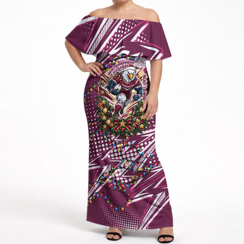 Personalized Manly Warringah Sea Eagles Rugby Christmas Off Shoulder Maxi Dress Holiday Mascot Graphic Art Festive Lights Bow