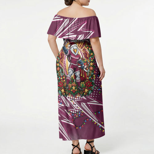 Personalized Manly Warringah Sea Eagles Rugby Christmas Off Shoulder Maxi Dress Holiday Mascot Graphic Art Festive Lights Bow