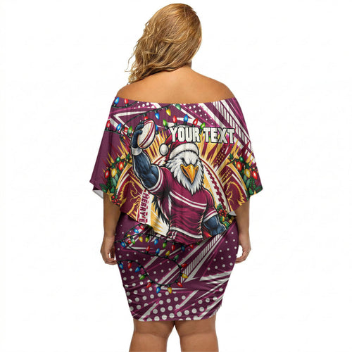 Personalized Manly Warringah Sea Eagles Rugby Christmas Off Shoulder Short Dress Holiday Mascot Graphic Art Festive Lights Bow