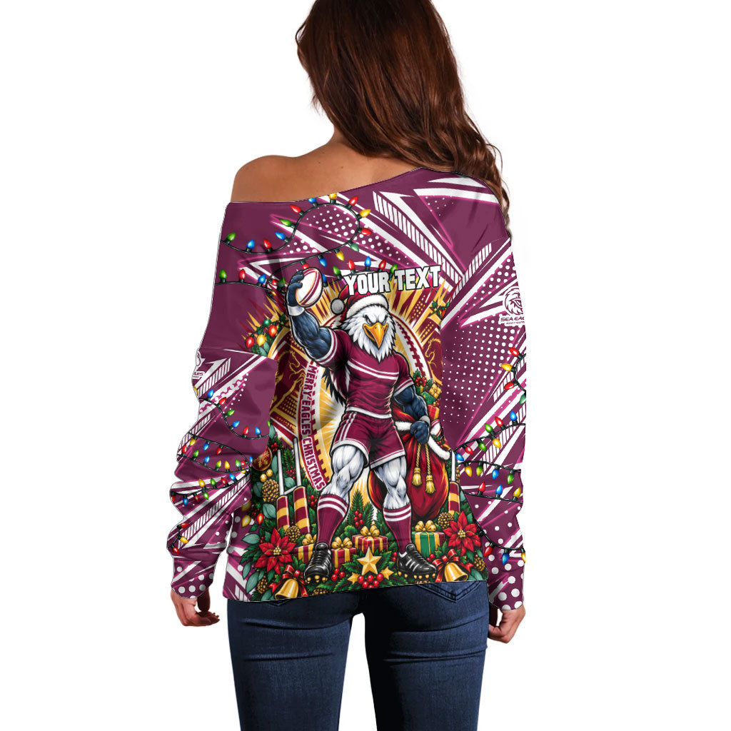 Personalized Manly Warringah Sea Eagles Rugby Christmas Off Shoulder Sweater Holiday Mascot Graphic Art Festive Lights Bow
