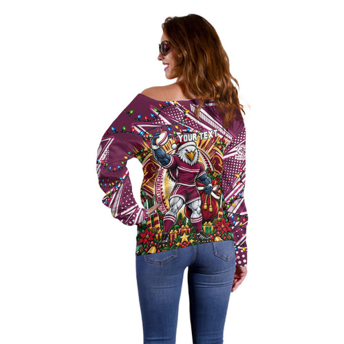 Personalized Manly Warringah Sea Eagles Rugby Christmas Off Shoulder Sweater Holiday Mascot Graphic Art Festive Lights Bow