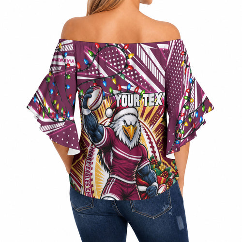 Personalized Manly Warringah Sea Eagles Rugby Christmas Off Shoulder Wrap Waist Top Holiday Mascot Graphic Art Festive Lights Bow