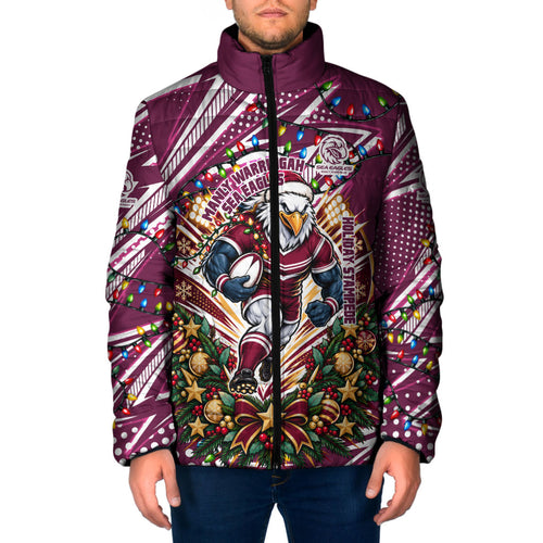 Personalized Manly Warringah Sea Eagles Rugby Christmas Padded Jacket Holiday Mascot Graphic Art Festive Lights Bow