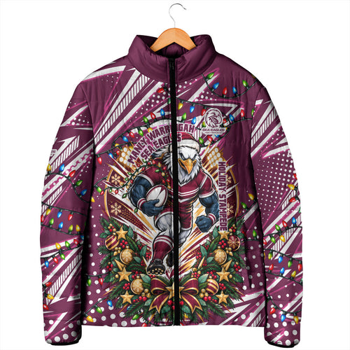 Personalized Manly Warringah Sea Eagles Rugby Christmas Padded Jacket Holiday Mascot Graphic Art Festive Lights Bow