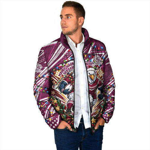 Personalized Manly Warringah Sea Eagles Rugby Christmas Padded Jacket Holiday Mascot Graphic Art Festive Lights Bow
