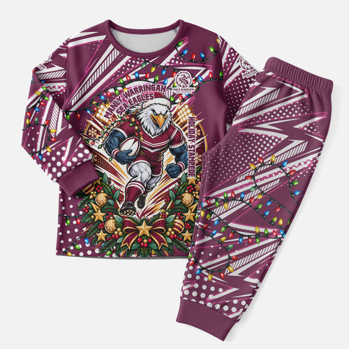 Personalized Manly Warringah Sea Eagles Rugby Christmas Pajama Set Holiday Mascot Graphic Art Festive Lights Bow