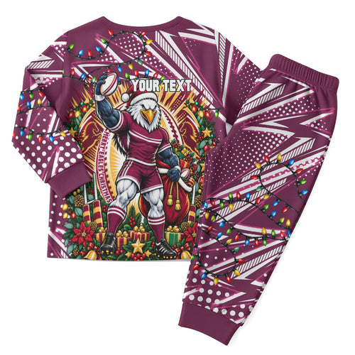 Personalized Manly Warringah Sea Eagles Rugby Christmas Pajama Set Holiday Mascot Graphic Art Festive Lights Bow