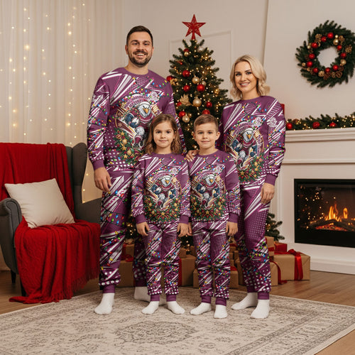 Personalized Manly Warringah Sea Eagles Rugby Christmas Pajama Set Holiday Mascot Graphic Art Festive Lights Bow
