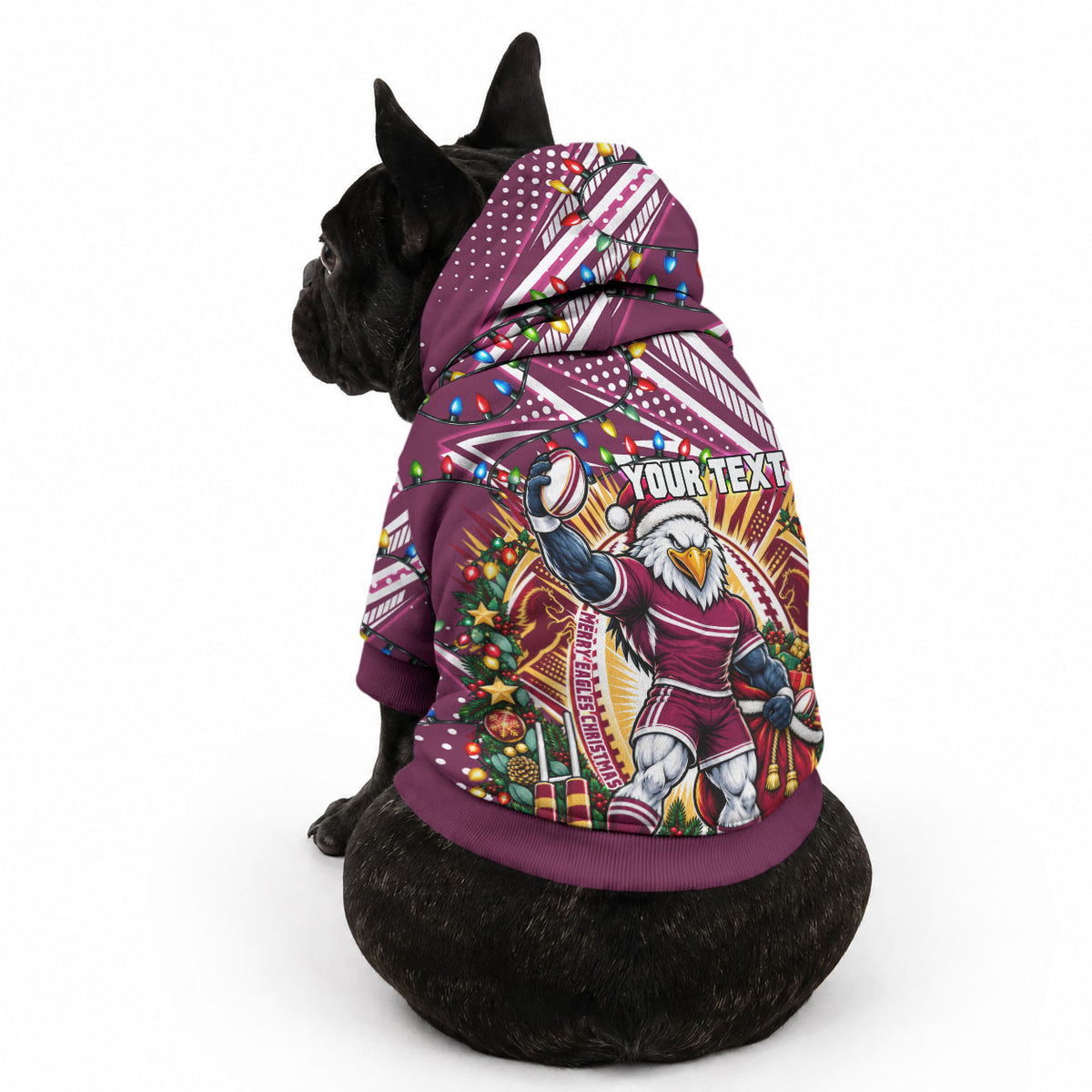 Personalized Manly Warringah Sea Eagles Rugby Christmas Pet Hoodie Holiday Mascot Graphic Art Festive Lights Bow