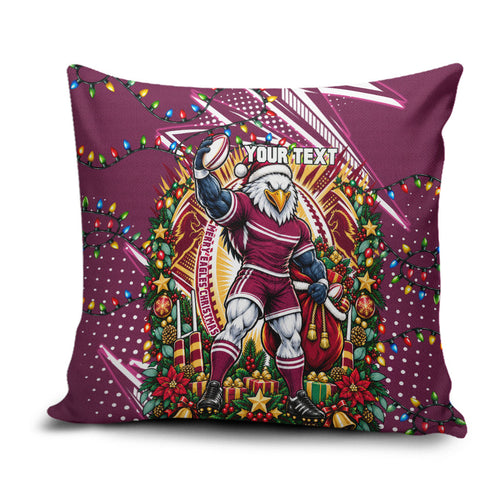 Personalized Manly Warringah Sea Eagles Rugby Christmas Pillow Cover Holiday Mascot Graphic Art Festive Lights Bow