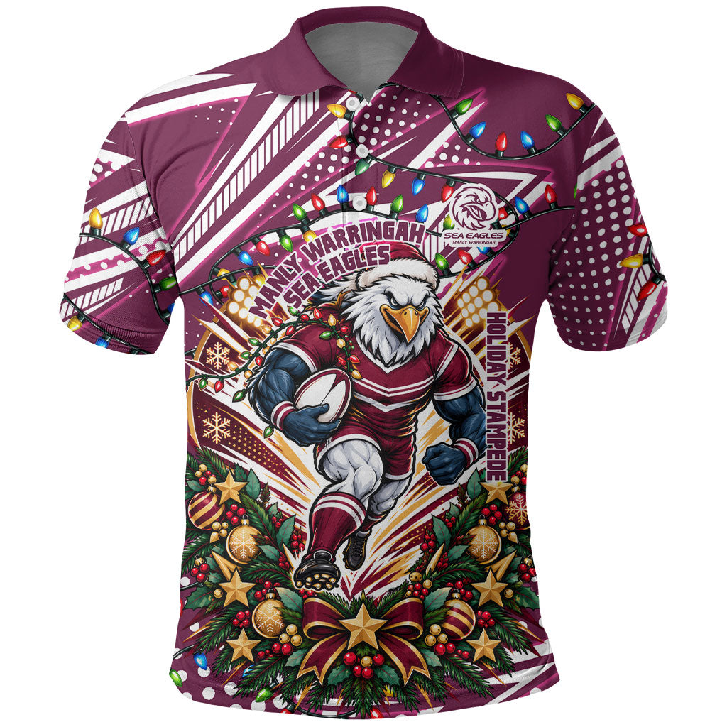 Personalized Manly Warringah Sea Eagles Rugby Christmas Polo Shirt Holiday Mascot Graphic Art Festive Lights Bow