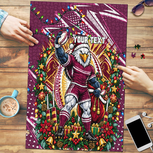 Personalized Manly Warringah Sea Eagles Rugby Christmas Puzzle Holiday Mascot Graphic Art Festive Lights Bow